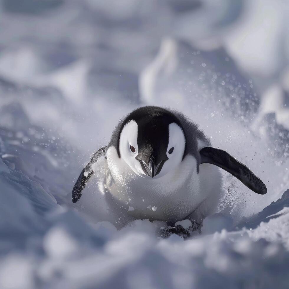 a penguin sliding down the snow covered ground photo