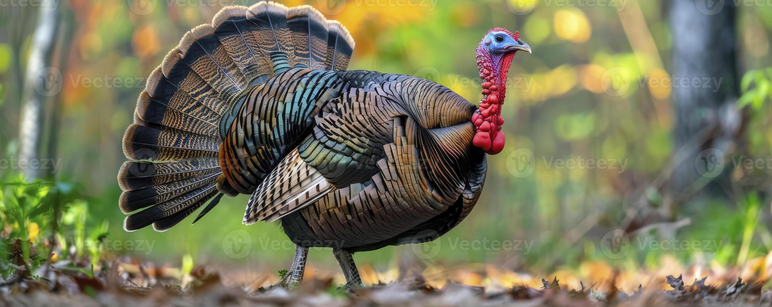 American wild turkey on the ground with blur background photo