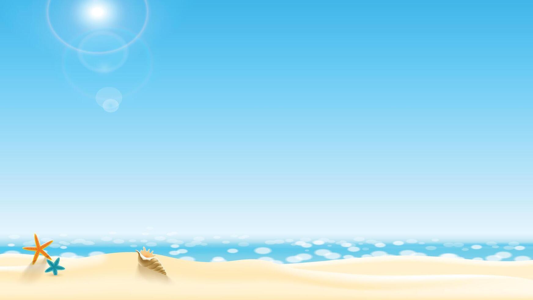 sea beach background with sea shell and star on the sand and sunny sky illustration vector