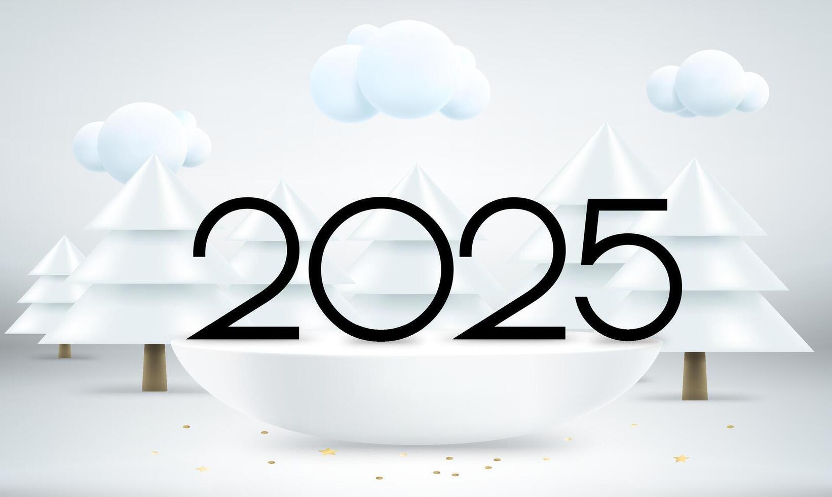 Happy new 2025 year greeting card. Composition with digits, podium and pines with snow. 3d banner vector