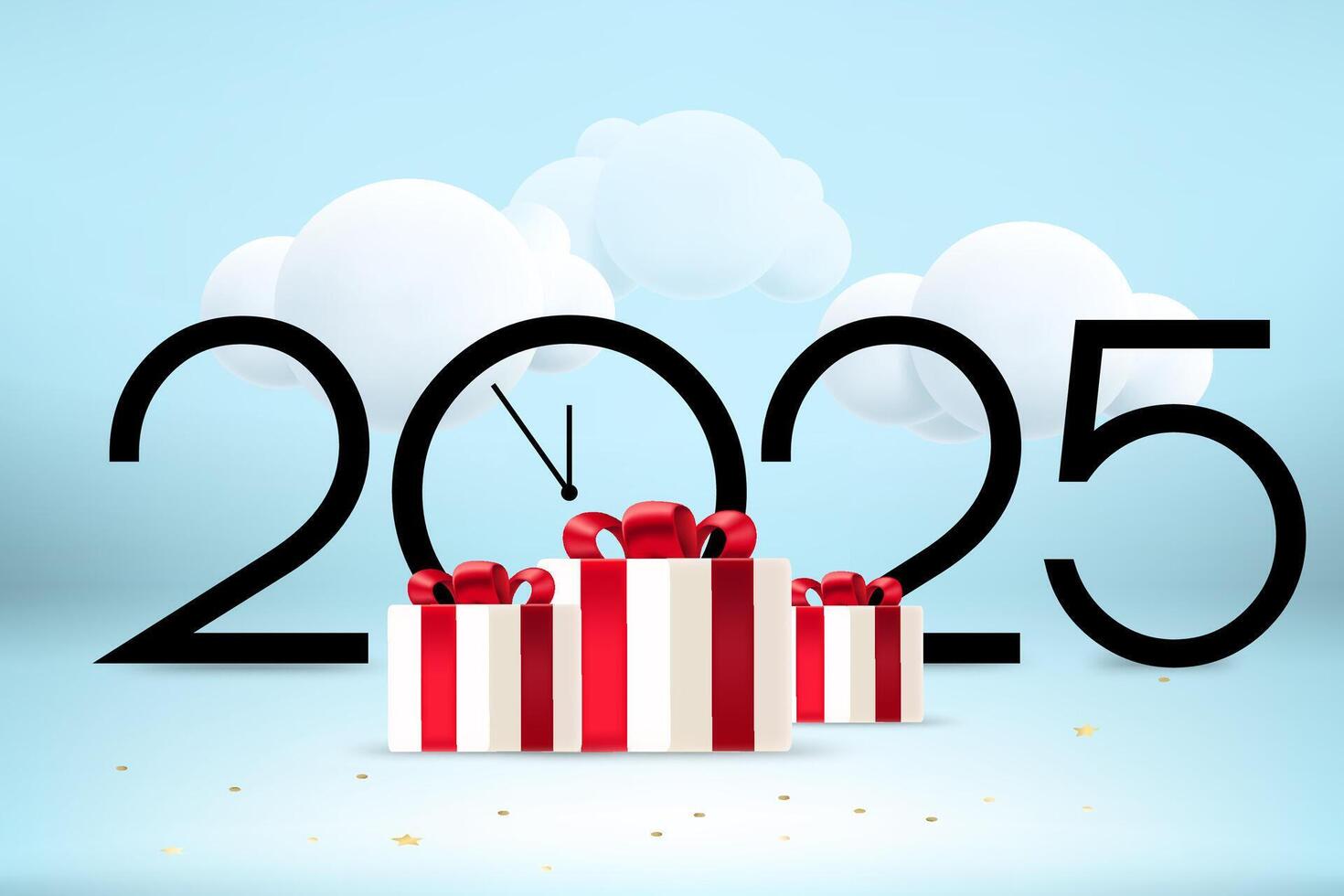 Happy new 2025 year greeting card. Composition with digits, clock pines and gift boxes. 3d vector