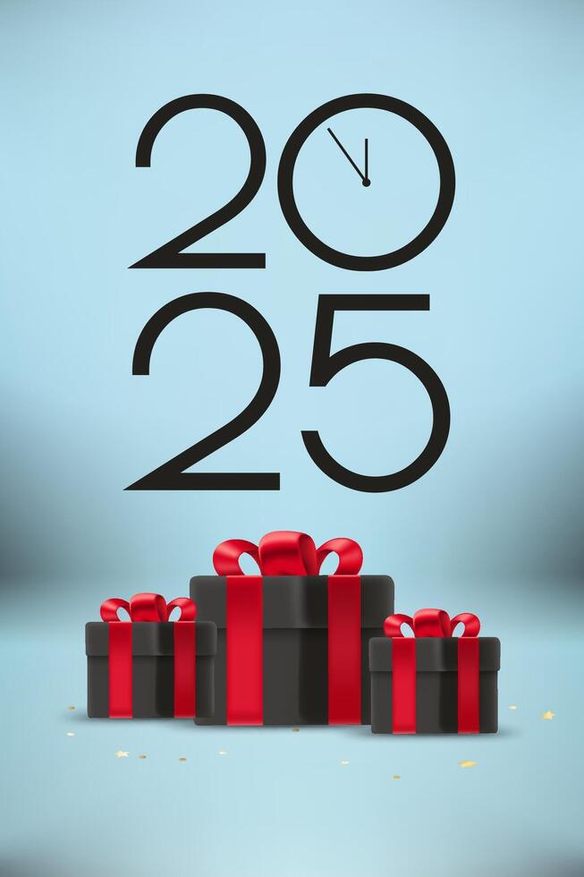 Happy new 2025 year greeting card. Composition with digits and gift boxes. 3d vector