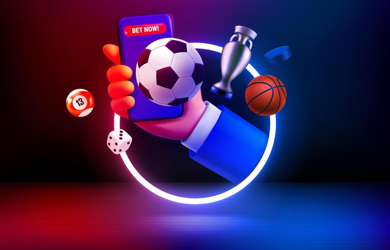Bet now concept. Vivid room with showcase and neon circle and sport inventory vector