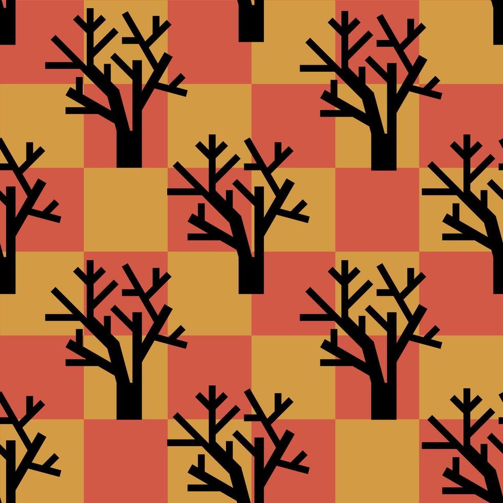 Autumn Trees Checkerboard Seamless Pattern vector