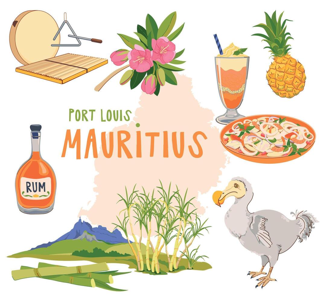 Mauritius map, landmarks of the island in flat style. sugar cane, Peter mountain, endemic Dodo bird, trochetia boutoniana flowers, pineapple, falooda, millionaire salad, Sega music instruments. vector