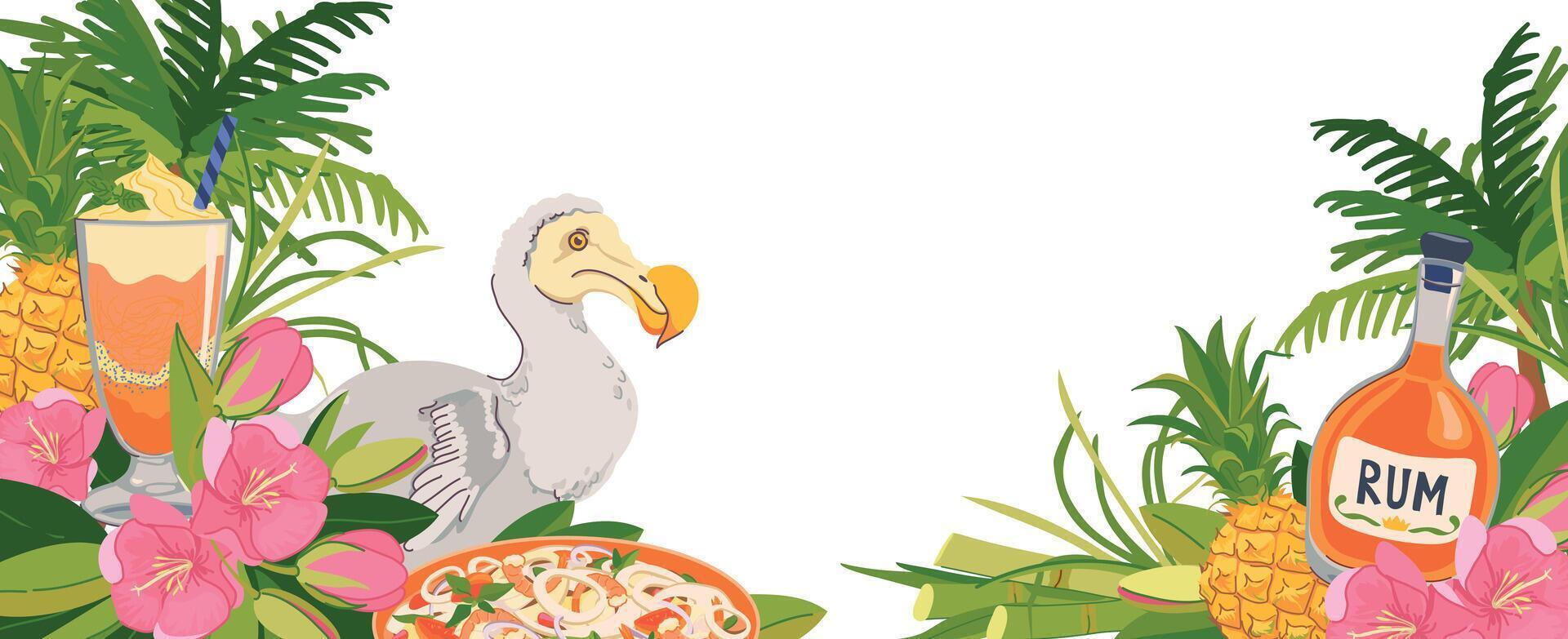 Horizontal template with tourist attractions of Mauritius island. frame with place for text. Dodo bird, trochetia boutoniana flowers, pineapple, rum, cocktail. Tropical paradise place for rest. vector