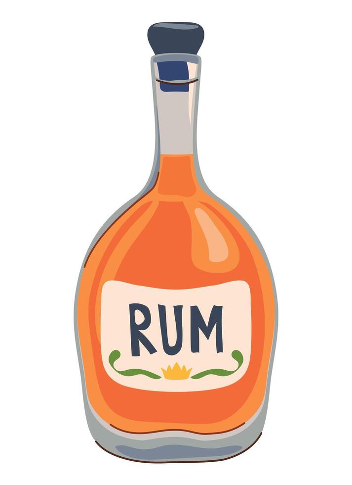 Rum bottle in flat style. illustration of alcoholic drink on white background. Sugar cane drink common in the Caribbean and Africa, traditional in Mauritius. vector