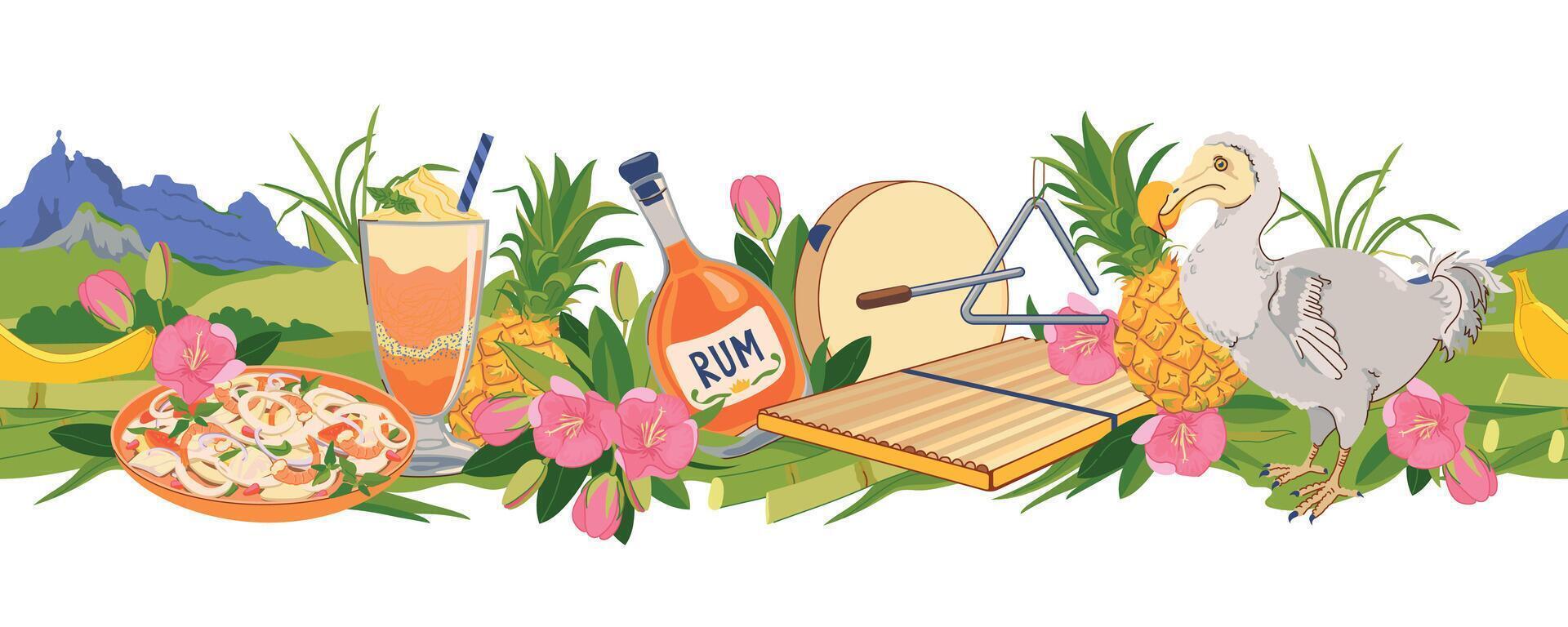 Seamless border with Mauritius landmarks in flat style. sugar cane, Mount Peter, Dodo bird, Trochezia budoniana flowers, pineapple, falooda, millionaire salad, Sega musical instruments vector