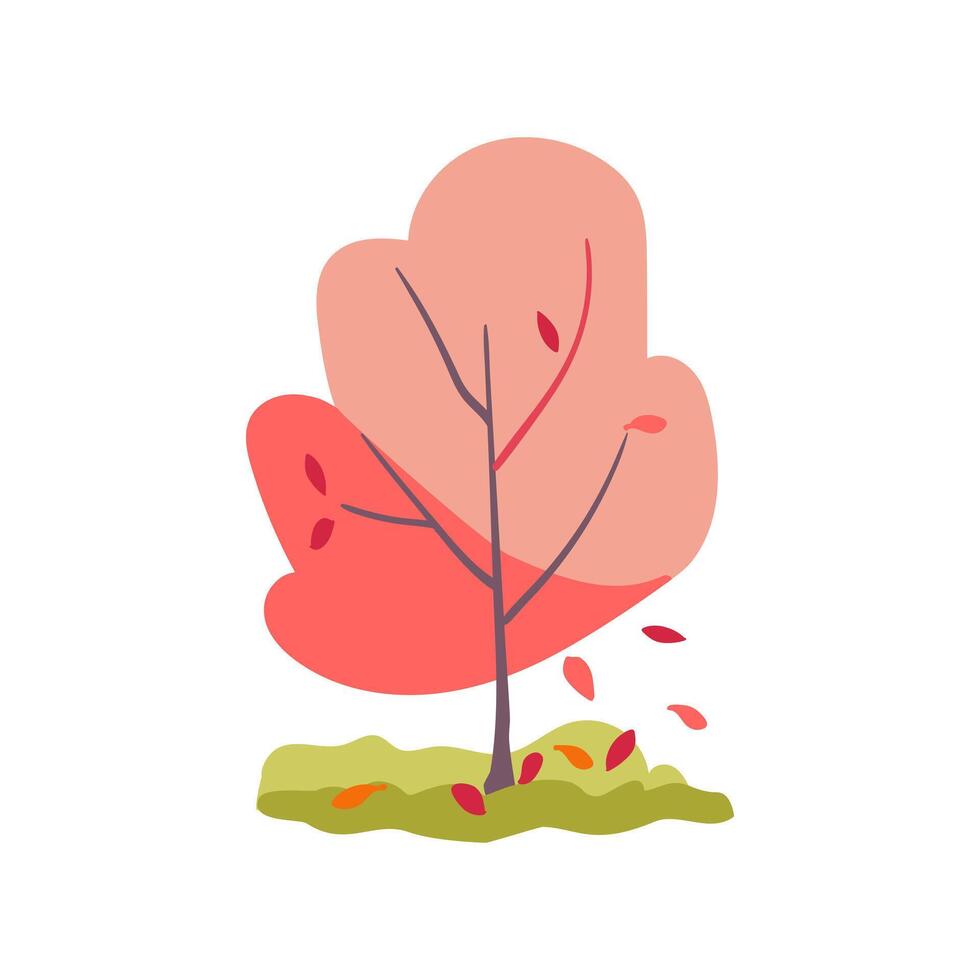 Hand drawn pink tree with coral and red leaves and grass vector