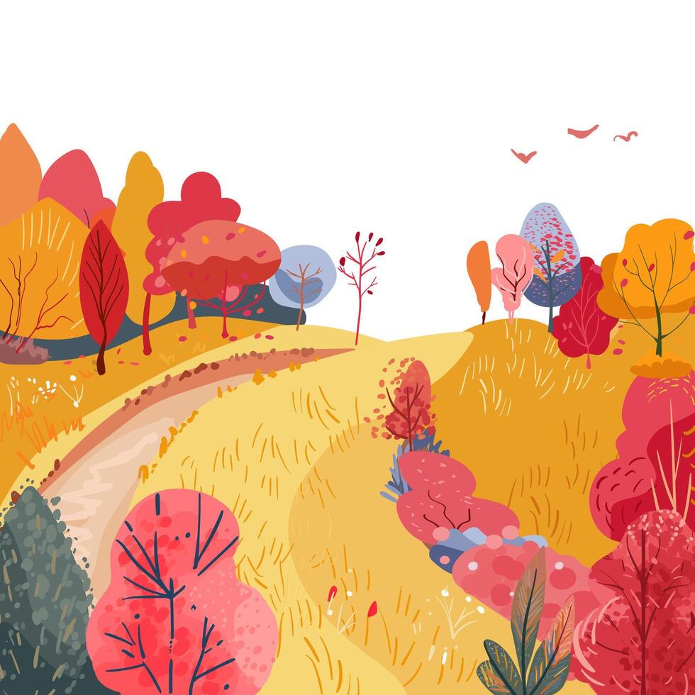 Autumn field with roadside bushes. Edge of the forest. Road through the hill with a field. and drawn illustration. vector