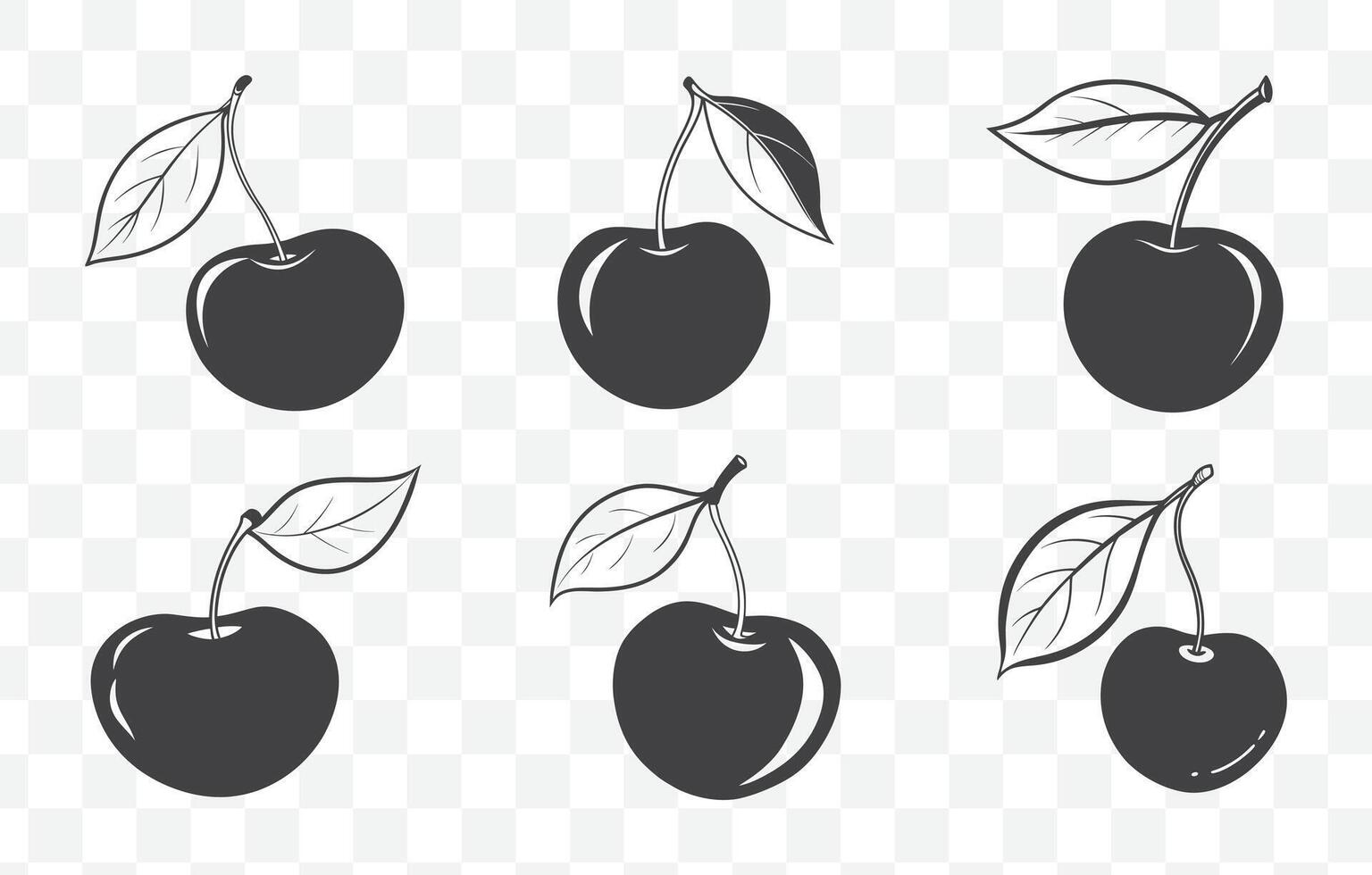Print Cherry Tree with Fruit and Flowers Line Art Set Detailed Illustrations for Botanical and Artistic Design Projects vector