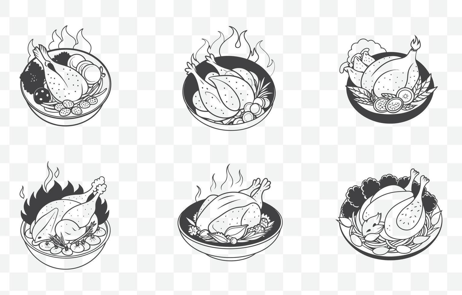 Print Gai Yang Grilled Chicken Art Set Detailed Illustration of Thai Barbecue Chicken in Various Poses vector