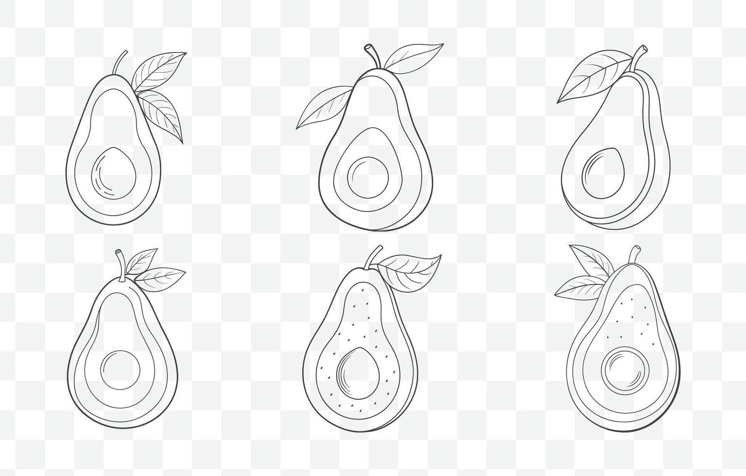 Print Comprehensive Avocado Line Art Set Featuring Detailed Illustrations of Avocado Fruit and Leaves for Design Projects vector