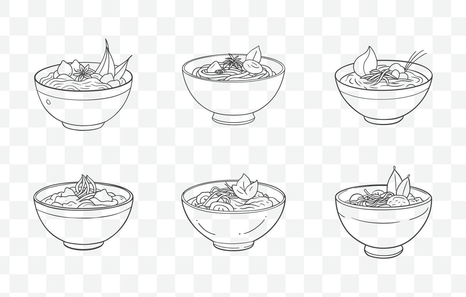 Print Traditional Thai Khao Soi Art Set with Detailed Illustrations of Noodles and Curry Elements for Design Projects vector