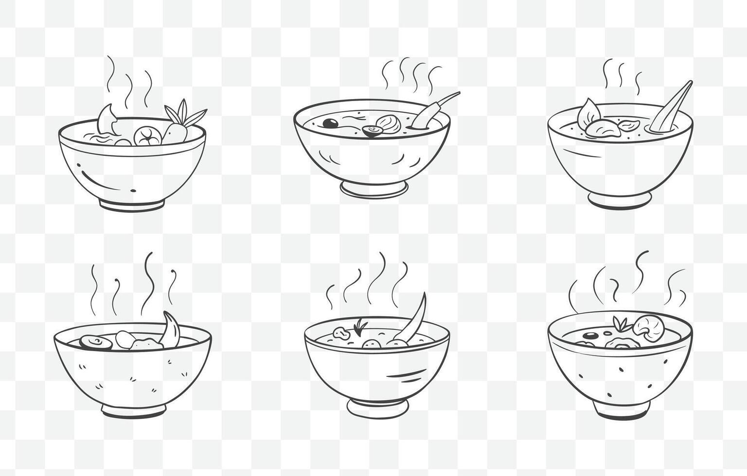 Print Tom Yum Goong Soup Line Art Set with Thai Shrimp and Herbs Illustrations vector