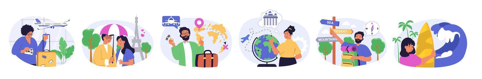 Travel concept set in flat design for web. Collection with people go in vacation with luggage, travelling in couple in romantic journey, booking tickets, planning global trip. illustration. vector