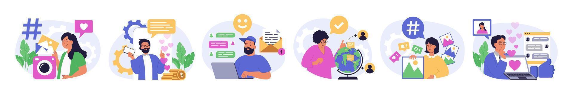 Social network concept set in flat design for web. Collection with people posting photos with hashtags, making live streams, chatting online with friend, interacting with content. illustration. vector