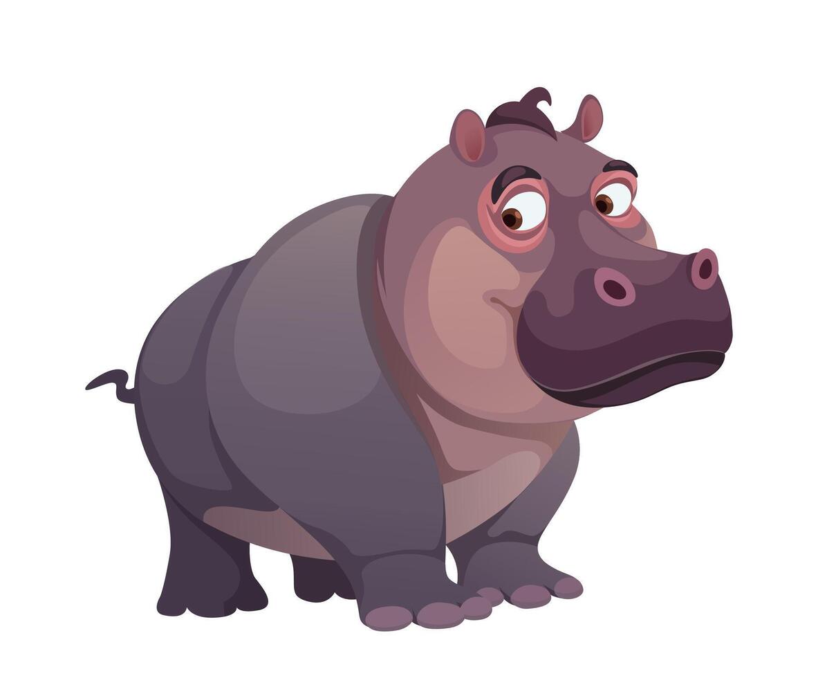 flat illustration of a cute african hippo with a cheerful expression standing on a white background full body drawing with nice colors and simple style vector