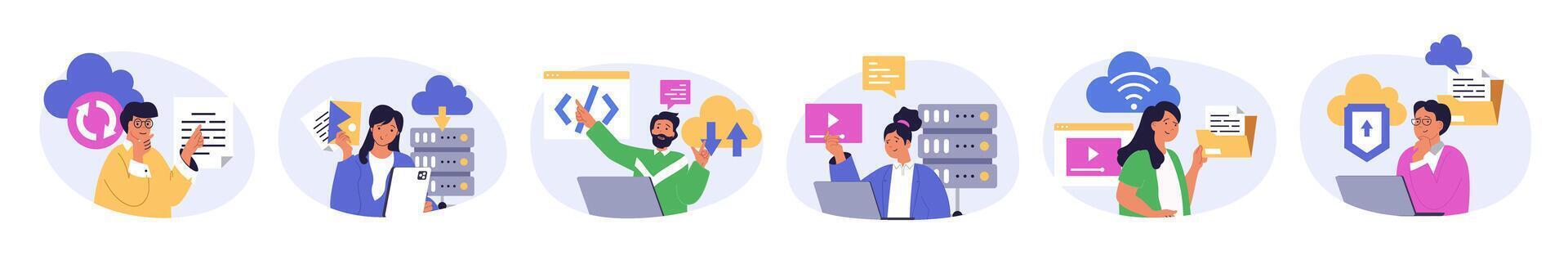 Cloud computing concept set in flat design for web. Collection with people doing online sync, working with digital files, programming, using cloud storage, sharing content. illustration. vector