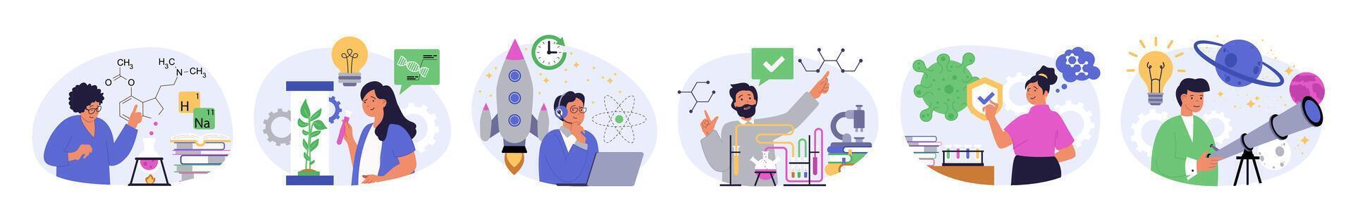 Science lab concept set in flat design for web. Collection with people making chemical research in flask, learning plants or viruses, working at astronomy engineering programs. illustration. vector