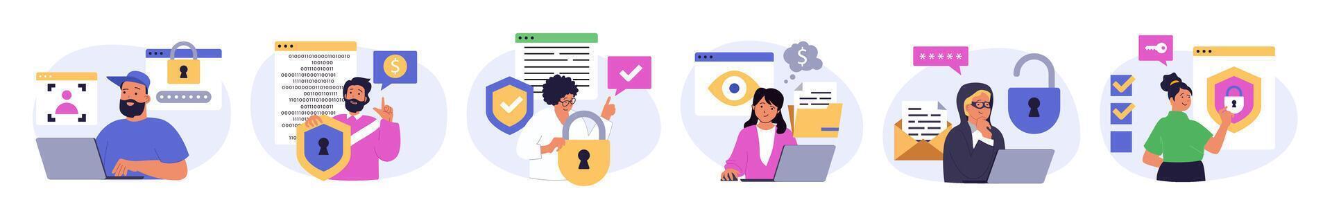 Cyber security concept set in flat design for web. Collection with people using protection system with identify scans, protecting online personal information with firewal shield. illustration. vector