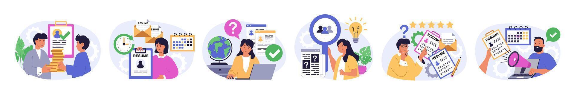 Recruitment concept set in flat design for web. Collection with people finding staff in office, serching best cv online, finding and interviewing candidates, hiring employees. illustration. vector