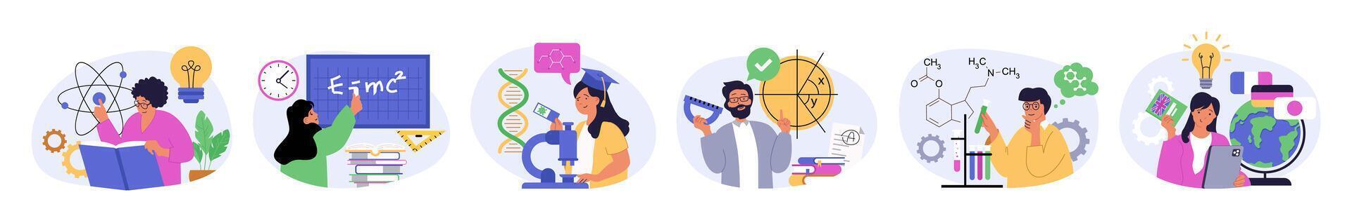Education concept set in flat design for web. Collection with people learning science, reading books, brainstorming and getting knowledge, making tests with microscope in lab. illustration. vector