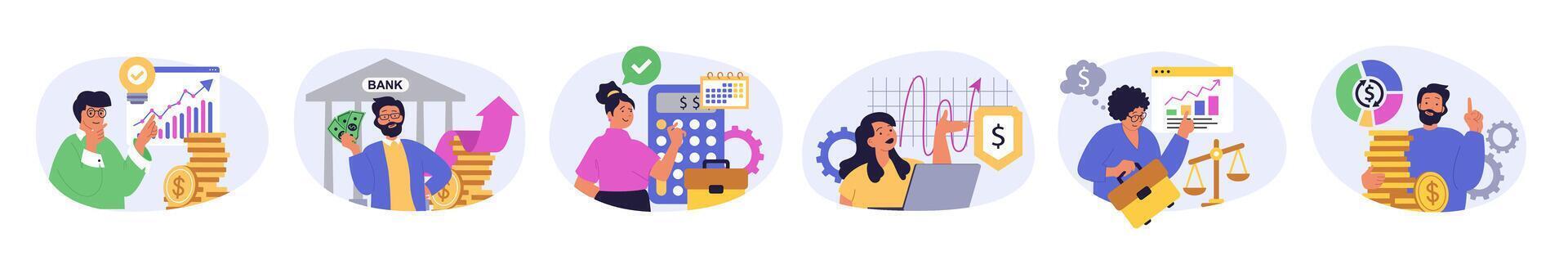 Business and finance concept set in flat design for web. Collection with people brainstorming, making statistic analysis with data charts, accounting income, managing processes. illustration. vector