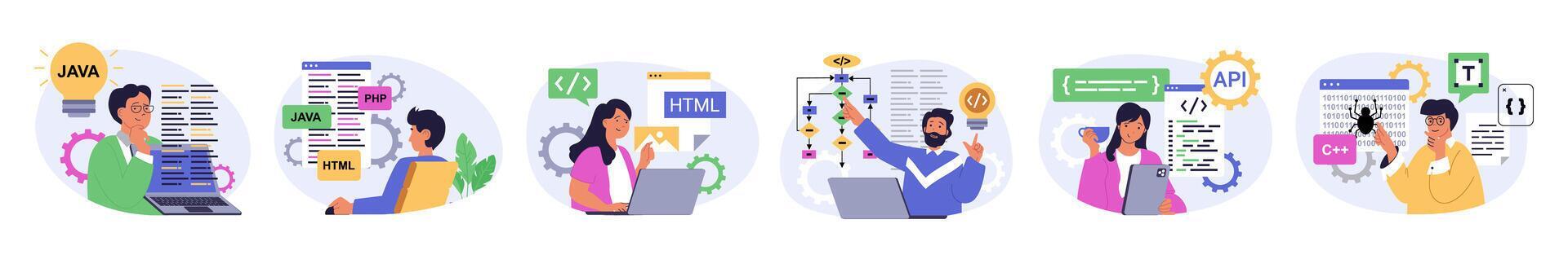 Programming concept set in flat design for web. Collection with people ...
