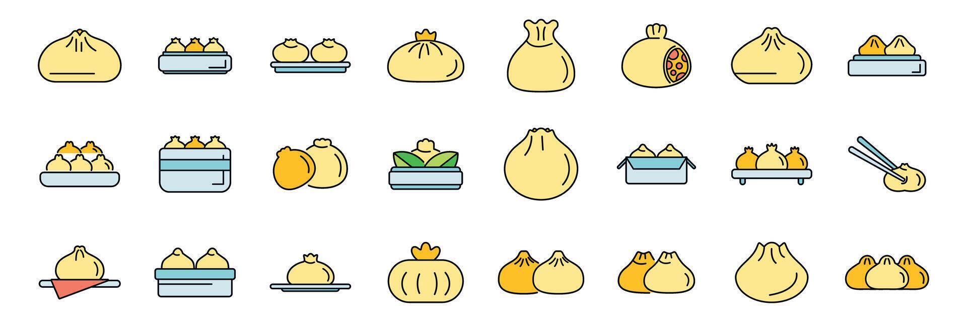 Asian food icons showing different types of dumplings being steamed and served vector