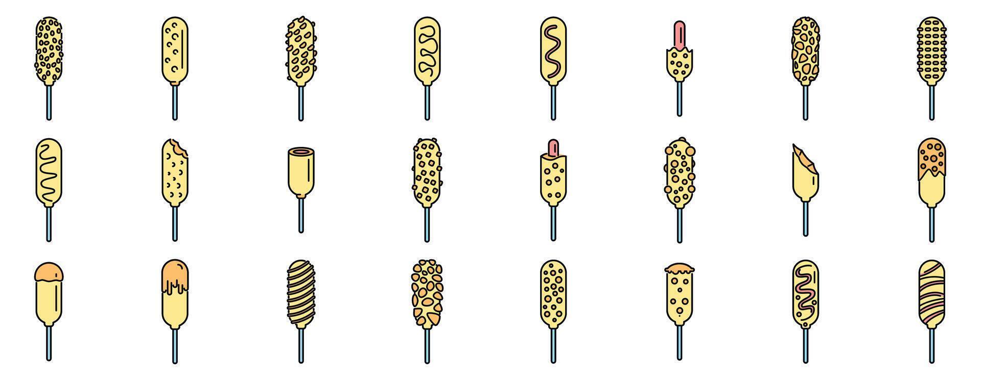 Set of simple corn dog icons with a variety of toppings vector