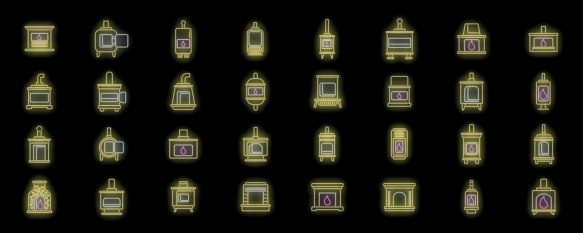 Set of neon icons with different fireplaces for home heating vector
