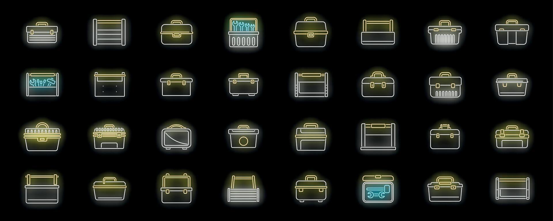Set of toolboxes glowing neon icons with different tools for repairing and construction works vector