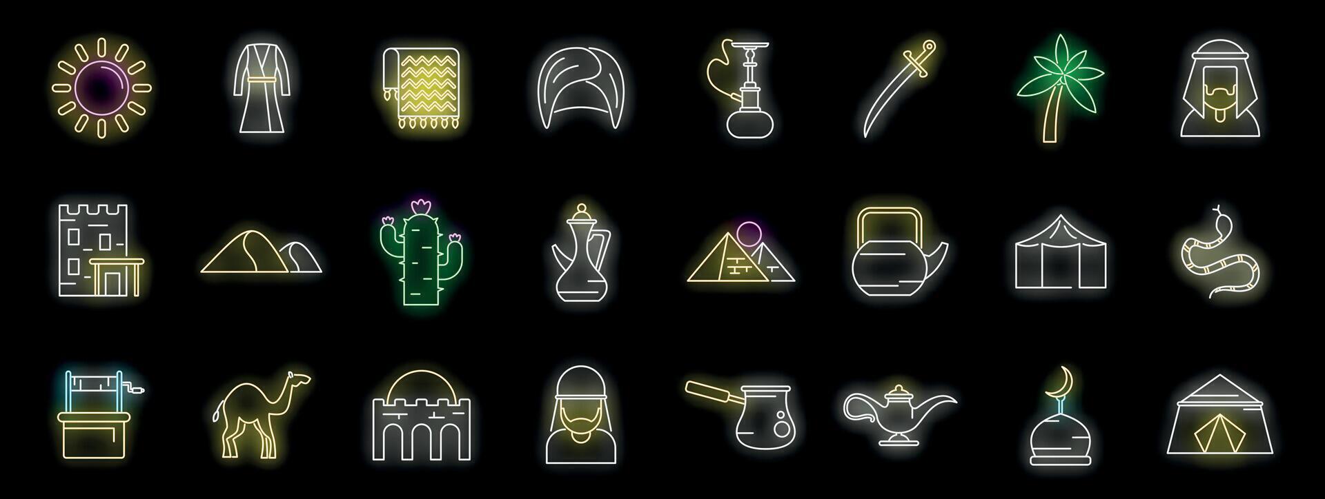 Glowing neon icons representing various aspects of arab culture vector