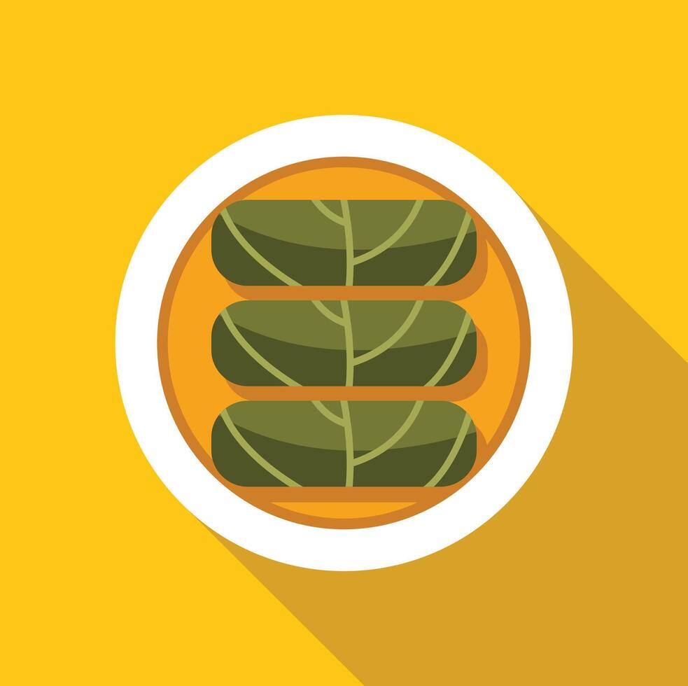 Three stuffed grape leaves dolma on a plate with long shadow on yellow background vector