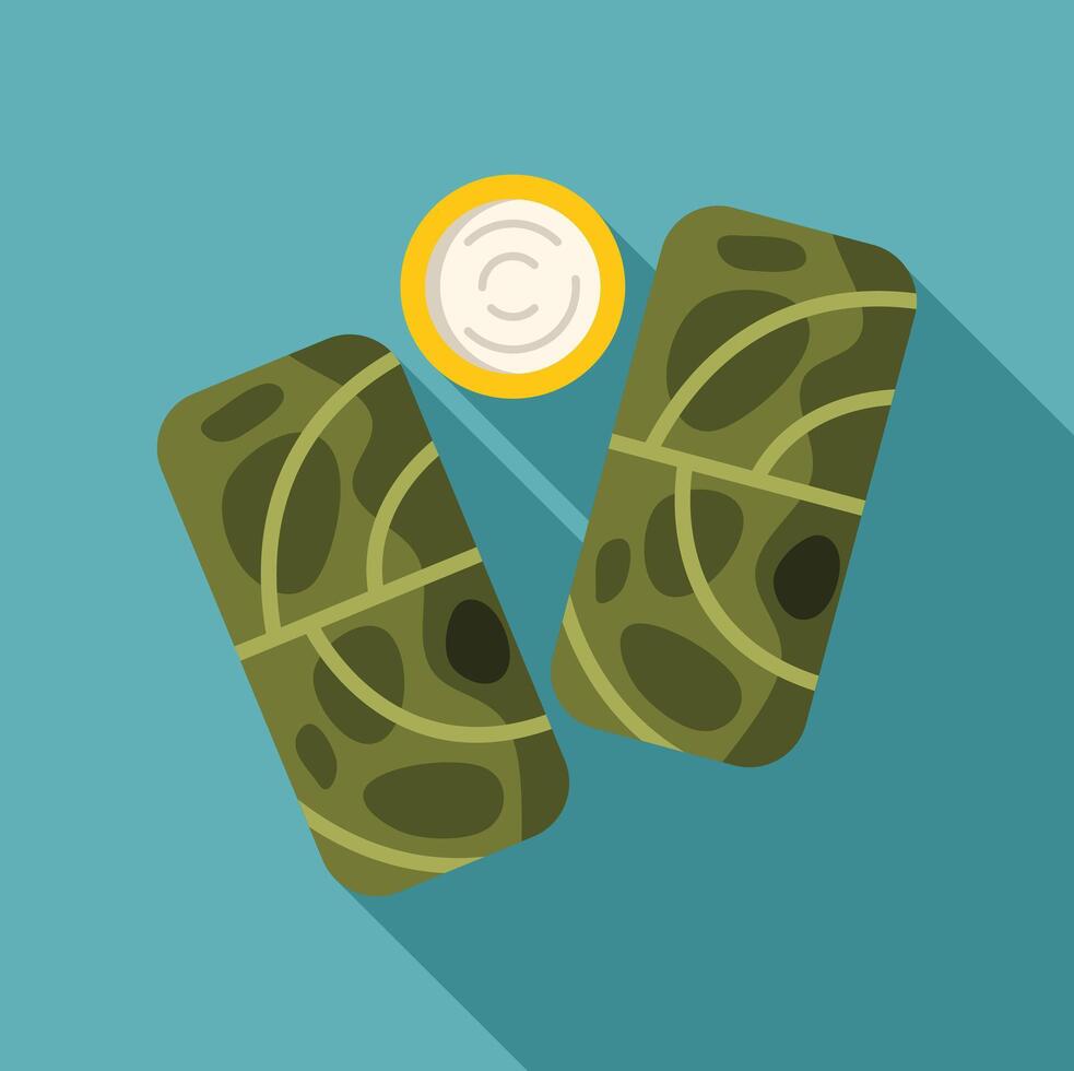 Two dolma with sour cream on turquoise background with long shadow vector