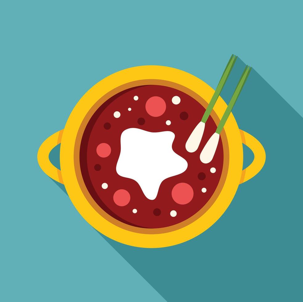 Hot steaming borscht served in yellow pot with sour cream and green onions vector