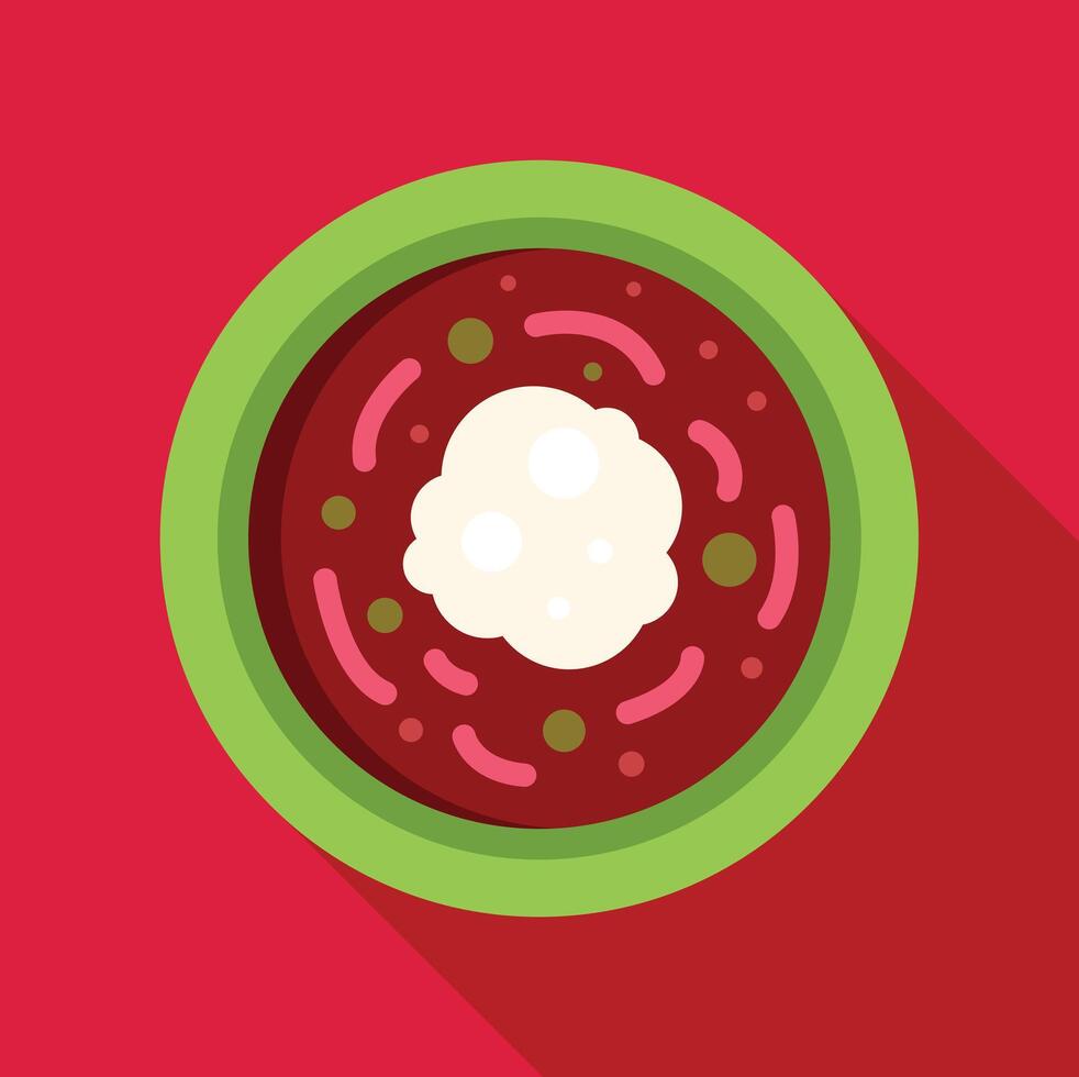 Green bowl with borscht and sour cream on red background vector