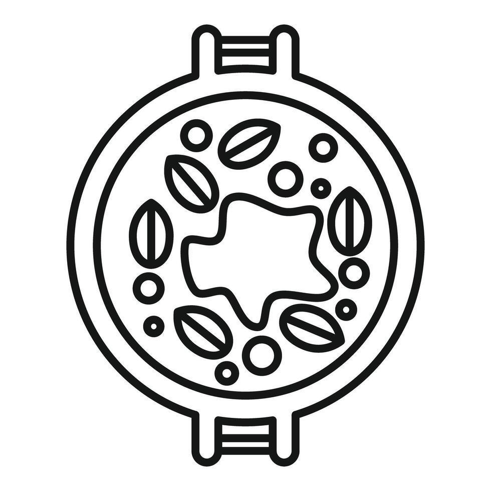 Round pan with handles cooking food with spices and herbs line art icon vector