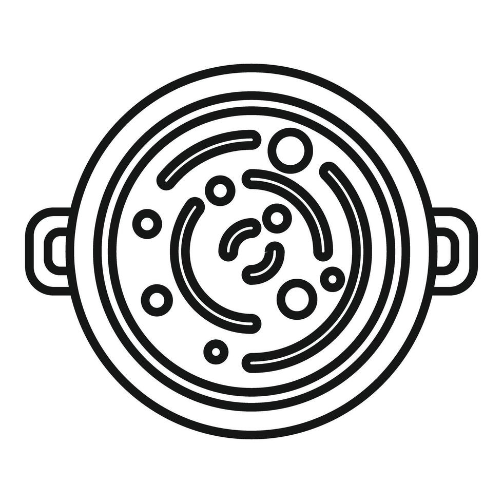 Round pot with handles containing food being cooked top view line art icon vector