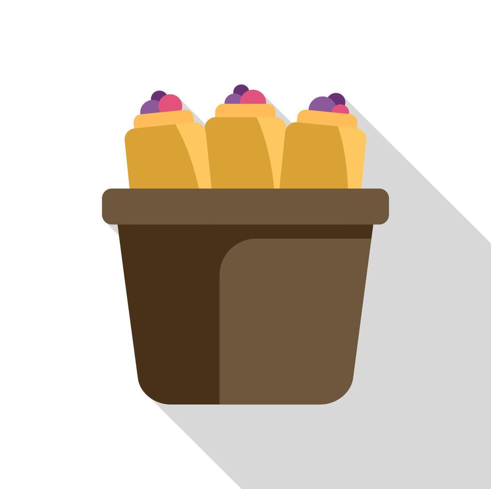 Three pancakes with berries in a plastic container with long shadow vector