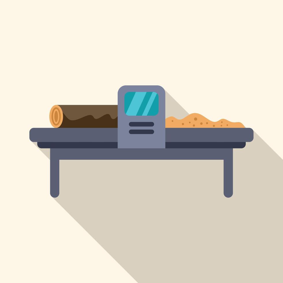 Wood processing machine transforming log into sawdust on conveyor belt vector