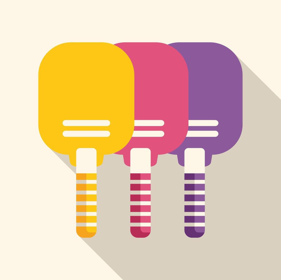 Three colorful ping pong paddles with stripes and long shadows vector