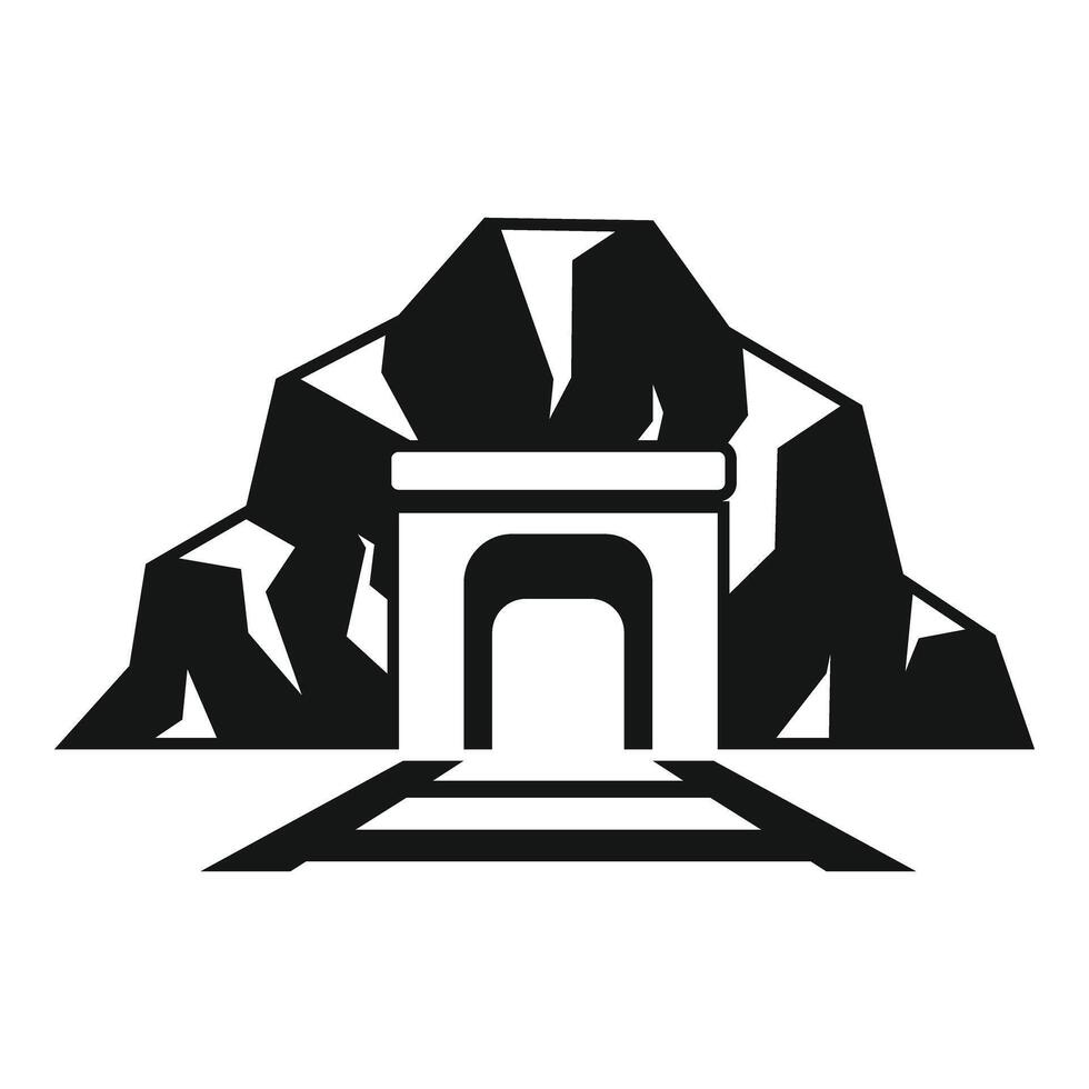 Train tracks leading to mining tunnel entrance under mountain vector