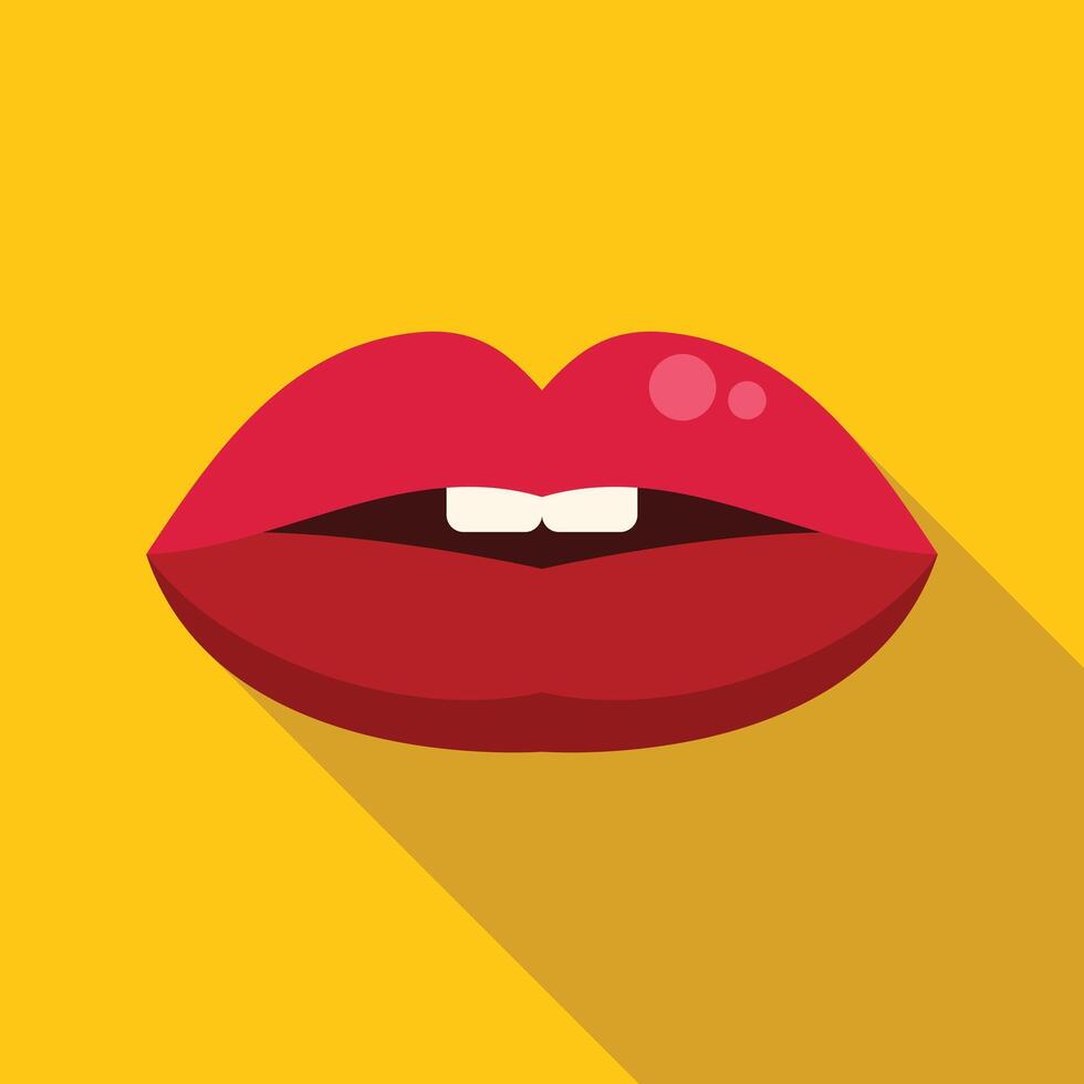 Red lips showing white teeth biting lower lip on yellow background vector