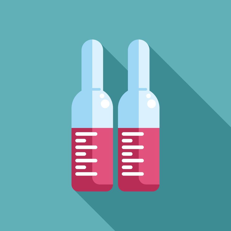 Two medical vials containing red liquid for injection with long shadow vector