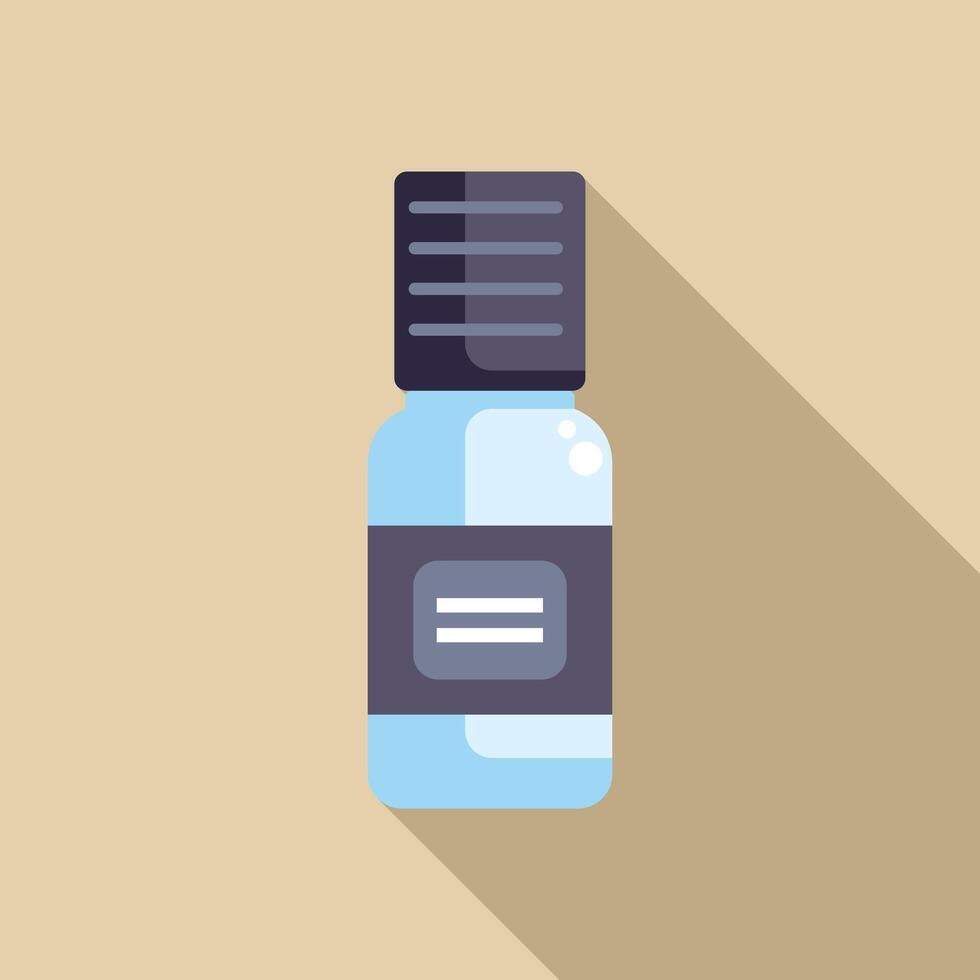 Small blue medical glass bottle with black lid standing on table with long shadow vector