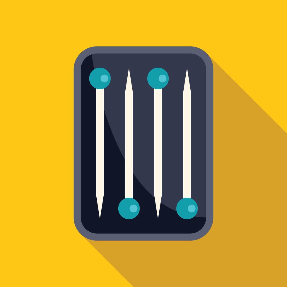 Set of four pins with round blue heads in box for sewing or needlework in flat style with long shadow on yellow background vector