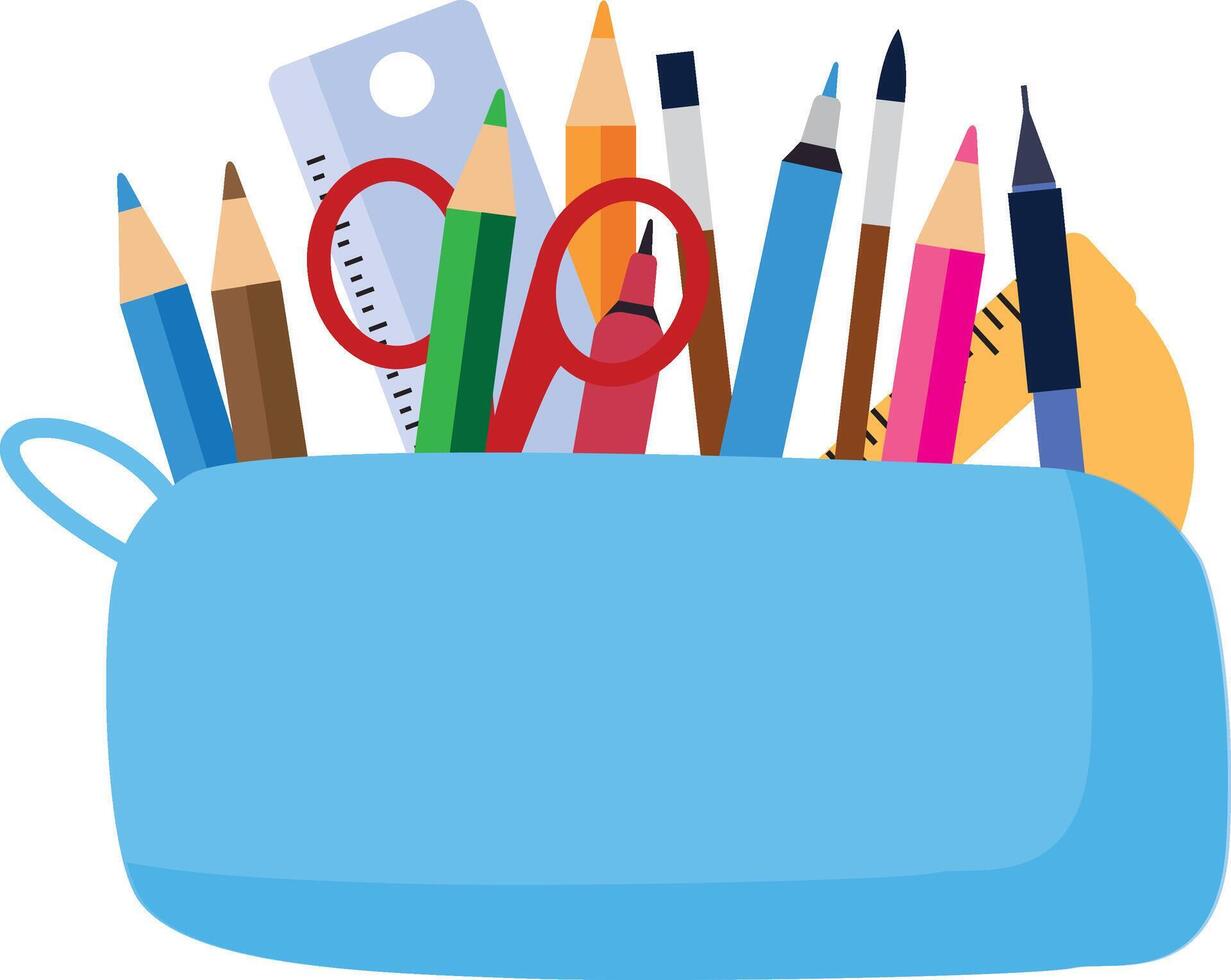 A bright school pencil case filled with school stationery, such as pens, pencils, Concept of September 1, go to school. vector