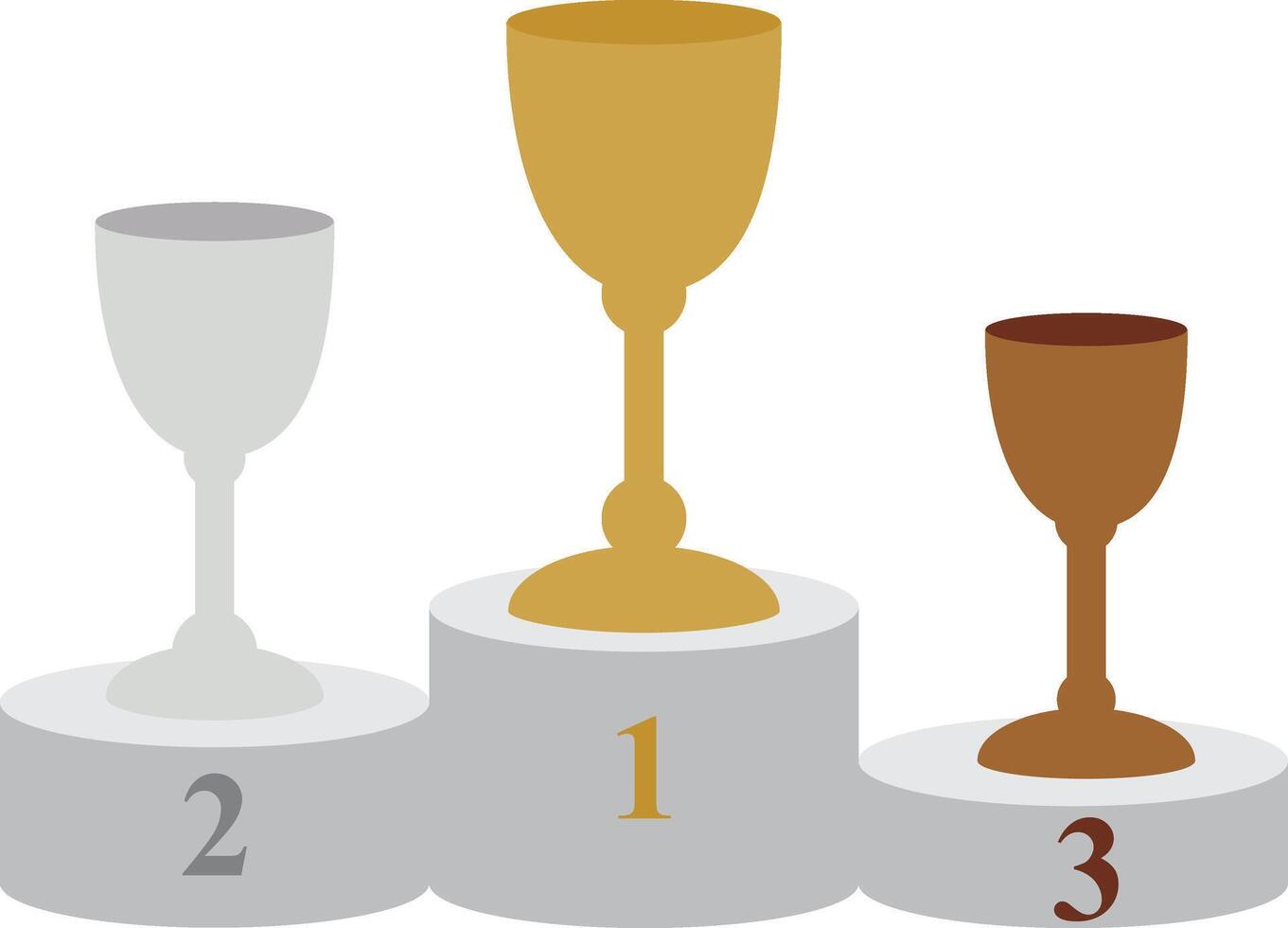 Winners podium with cups. Pedestal with awards for people who took first, second and third place in competition. Prizes for champions. Gold, silver and bronze trophy vector